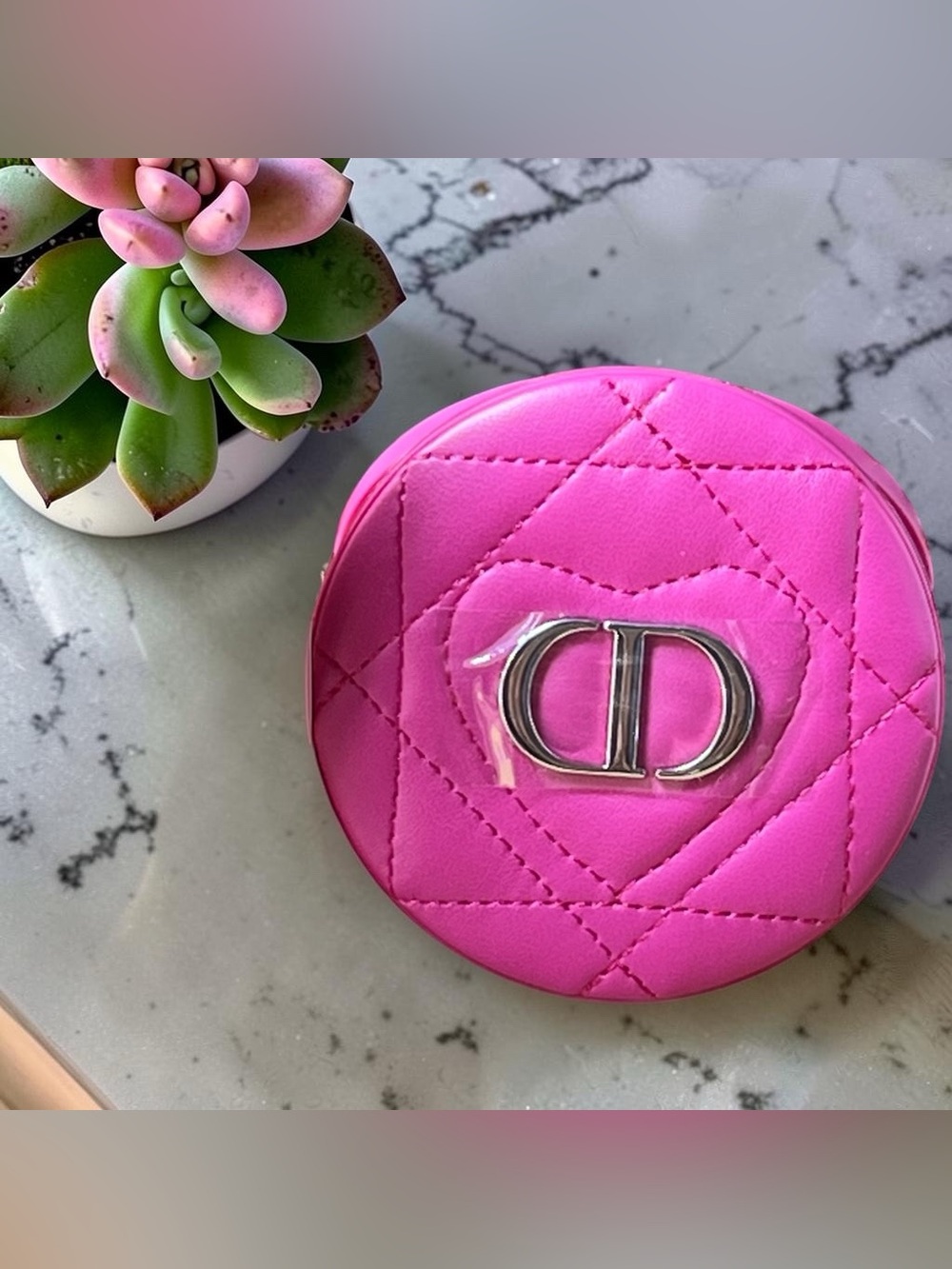 Christian Dior Fuchsia Quilted Compact Mirror featuring a silver. New in Box